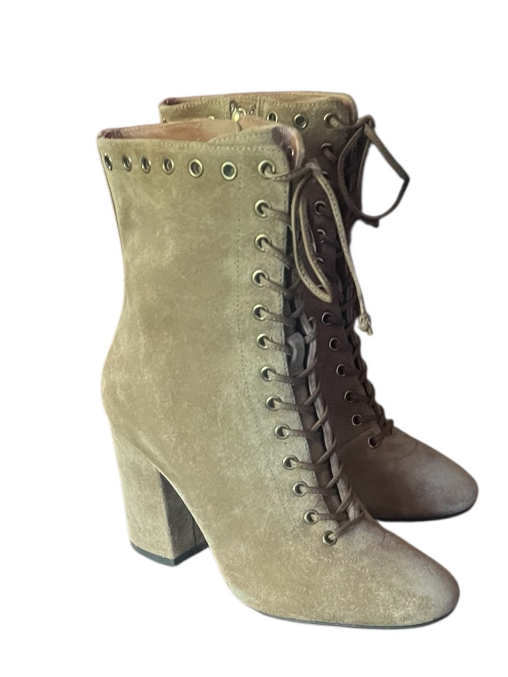 Coach Dean Camel Suede Leather Lace Up Block Heel Boots SZ.5